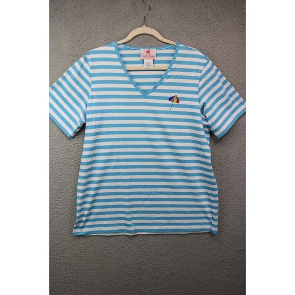 Quaker Factory Striped Short Sleeve Blouse-Embroidered-Rhinestones-Medium - Picture 1 of 11